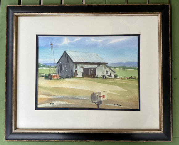 Barn with windmill - original watercolor painting by Bob Askew