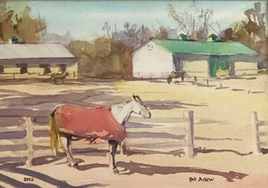 Equestrian barn and horse at sunrise - Original Watercolor Painting